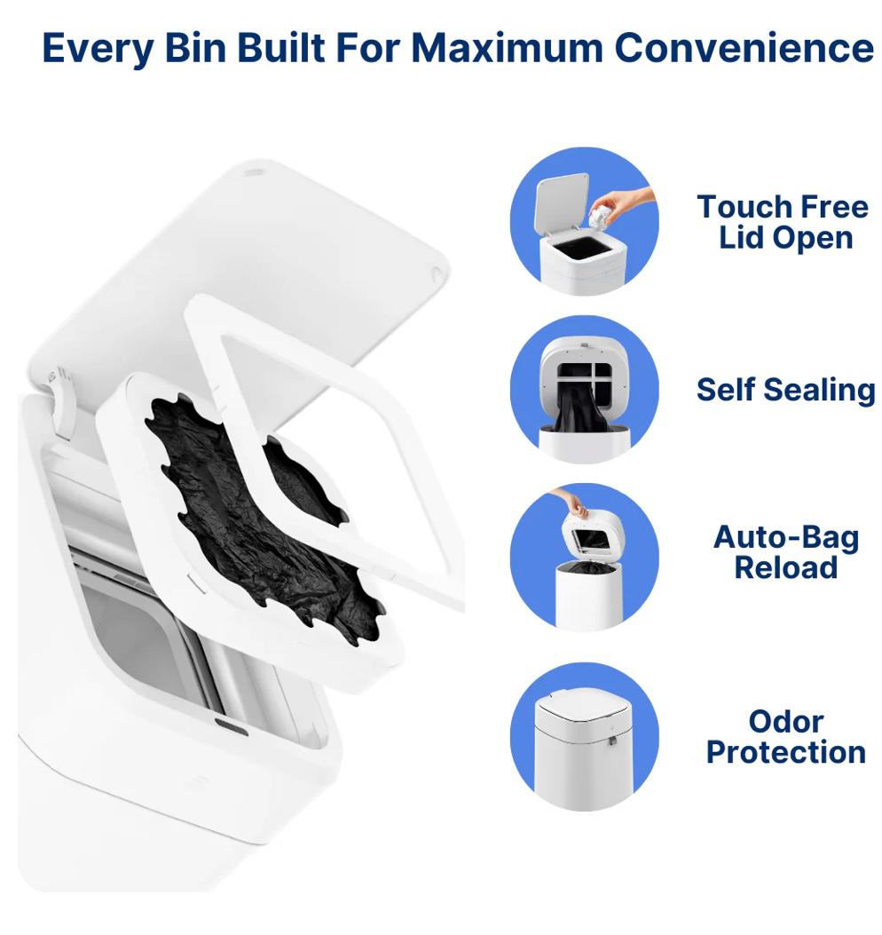 Automatic Trash Can, 3 Gallon Self Sealing and Self-Changing Smart Trash Can, Motion Sensor, Touchless Garbage Can with Lid for Kitchen Bathroom Bedroom Office, 6 Refill Rings(C3, White)